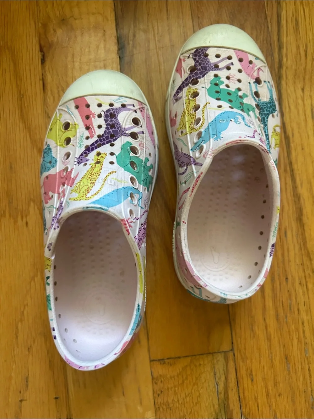 Native Kids White Slip-On Sneakers with Pink Multicolor Dino Print